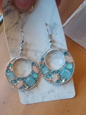 ❤️ $10 Each Or Bundle 4/$20 Silver-Tone Aqua & Peach Gemstone Hoop Earrings